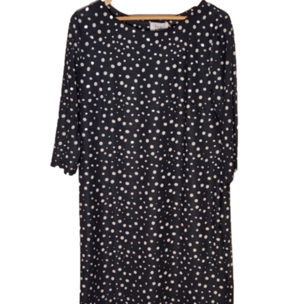 161. ISAY  Black Shift Dress  w/Ivory and shimmery Silver Polka Dots Sz L